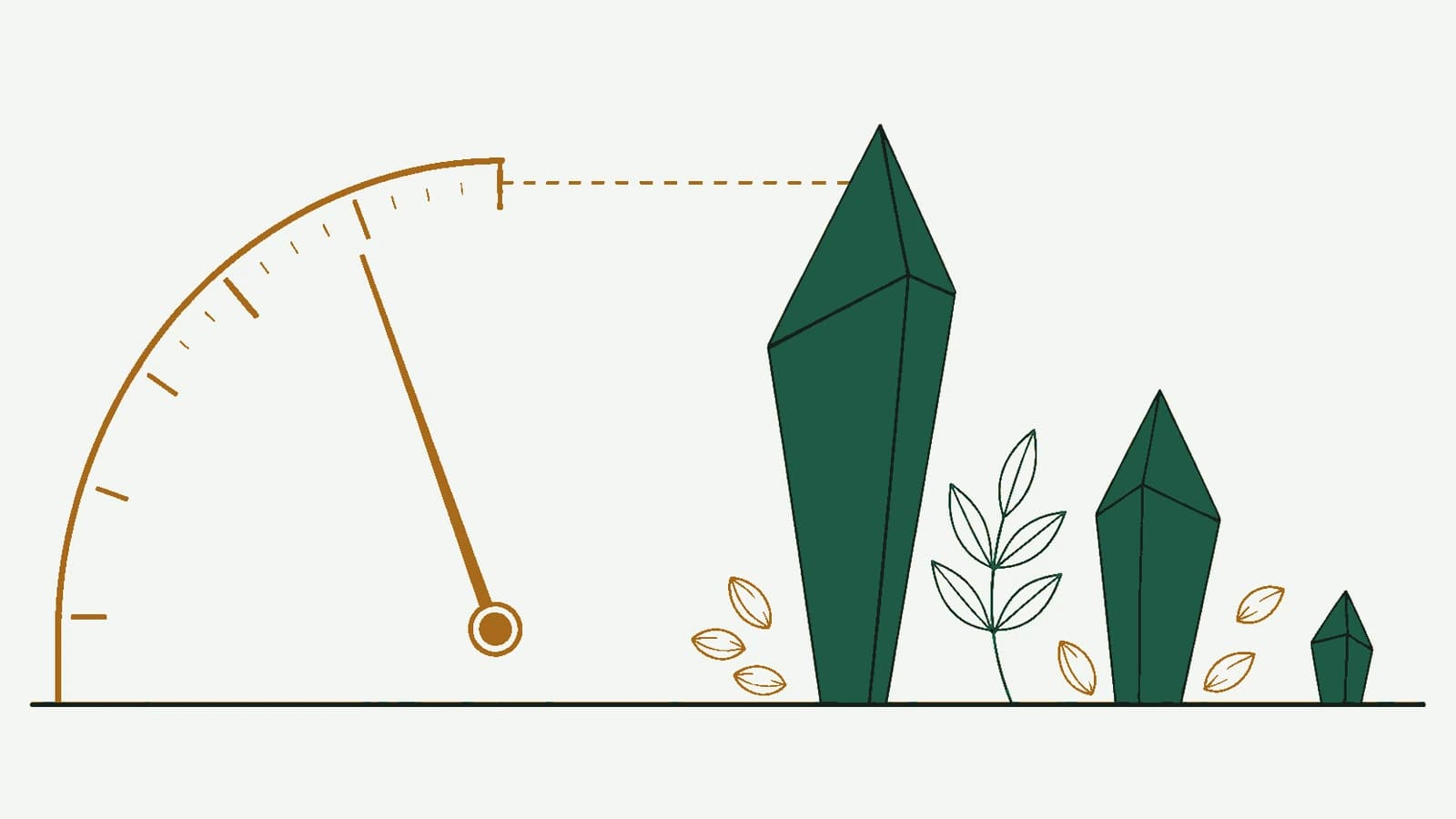 Illustrazione grafica minimale: un quadrante di misura color ambra accanto a cristalli minerali verde bottiglia di dimensioni diverse