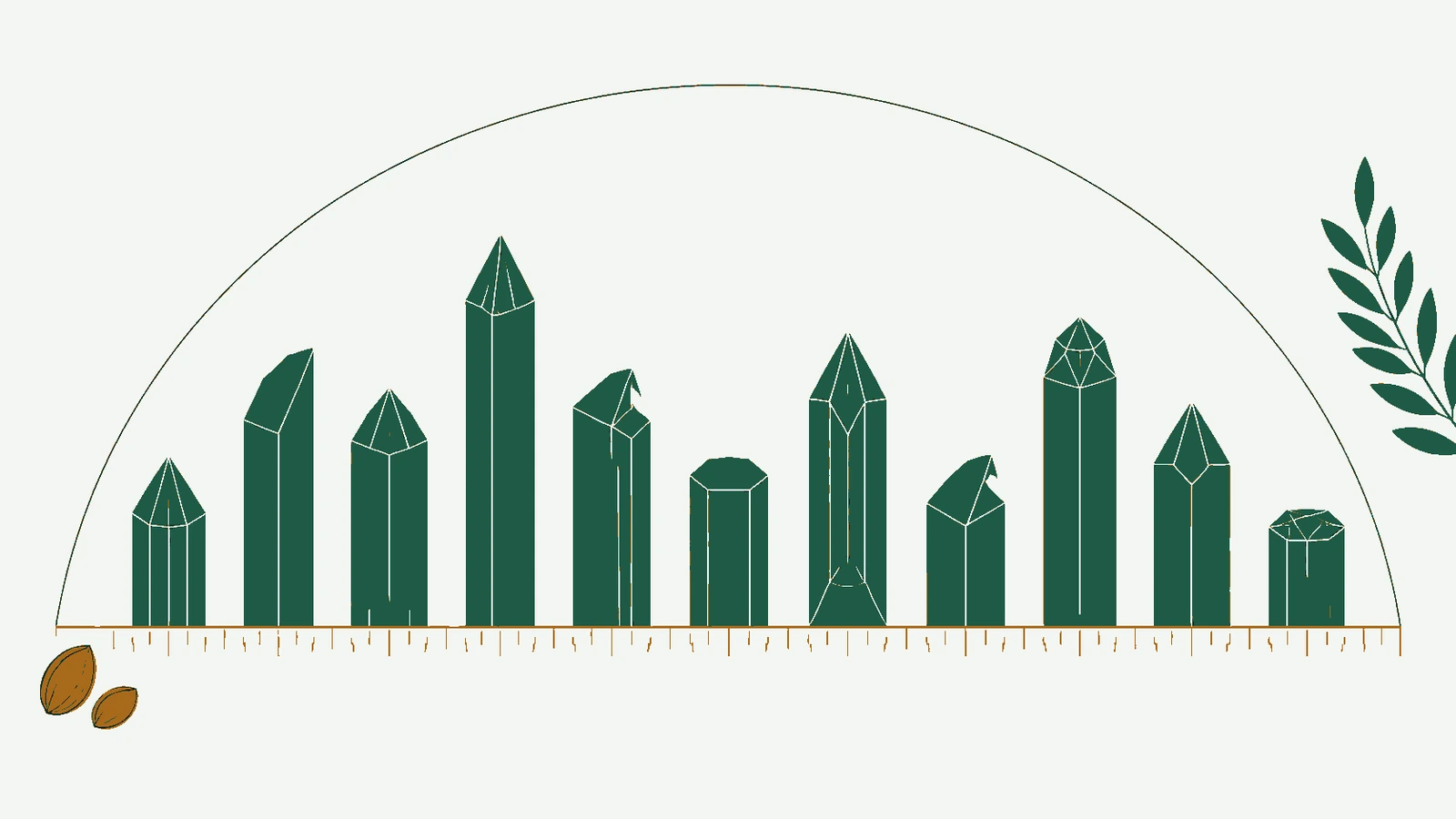 Illustrazione grafica minimale: undici blocchi minerali verde bottiglia di altezze diverse allineati su un righello graduato color ambra