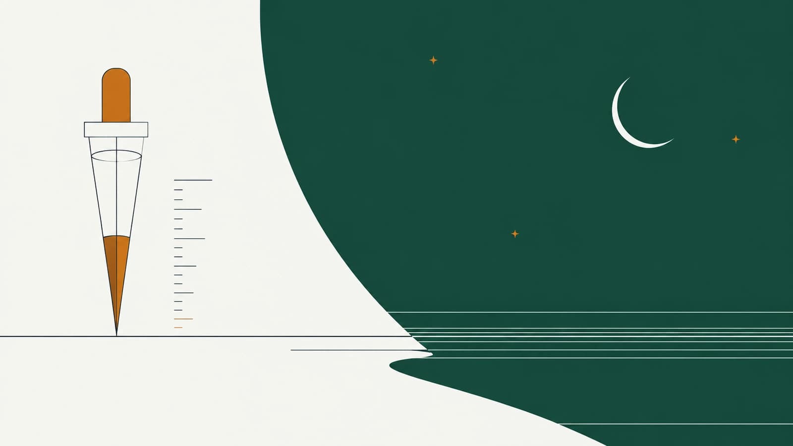 Illustrazione grafica minimale: cielo notturno verde bottiglia con luna sottile accanto a una scala graduata color ambra