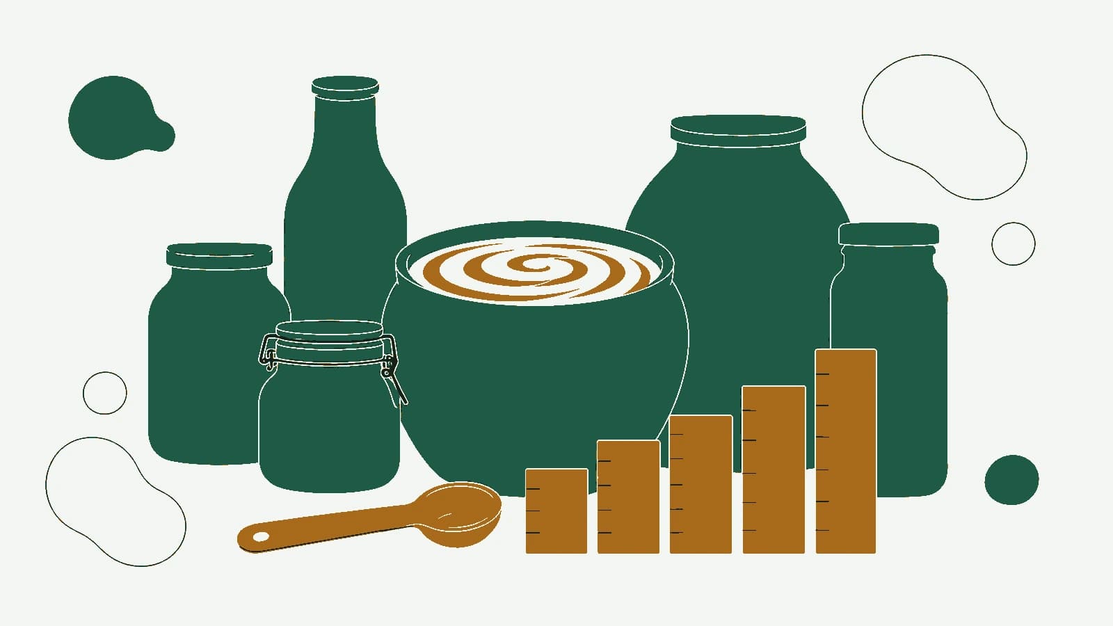 Illustrazione grafica minimale: vasi verde bottiglia di dimensioni diverse con spirali chiare e un cucchiaio dosatore color ambra davanti a una scala a gradini